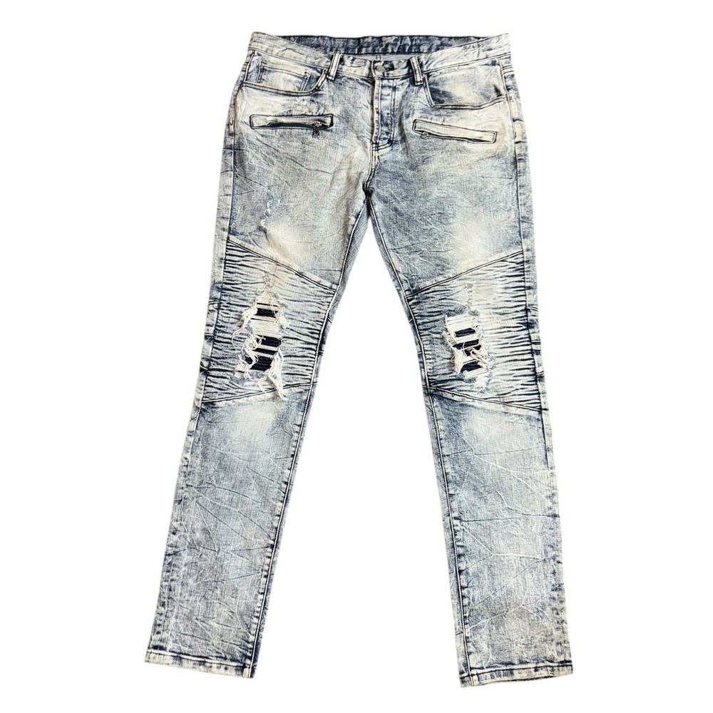 DOPE Men's Acid Wash Moto Jeans Distressed Biker Style Light Blue Size 34 Long